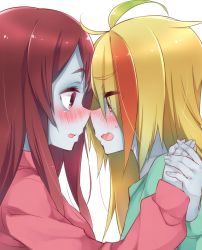 Rule 34 | 10s, 2girls, ahoge, blonde hair, blue skin, blush, colored skin, eye contact, face-to-face, from side, hair over one eye, holding hands, highres, long hair, looking at another, messy hair, minamoto sakura, multiple girls, nervous, nikaidou saki, noses touching, open mouth, red eyes, red hair, sk02, sweatdrop, wavy mouth, yuri, zombie, zombie land saga