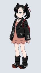 Rule 34 | 1girl, ankle boots, arms at sides, asymmetrical bangs, backpack, bag, black choker, black footwear, black hair, black jacket, black nails, boots, chiyo (ppp 808), choker, closed mouth, collarbone, commentary request, creatures (company), dress, earrings, eyelashes, full body, game freak, green eyes, grey background, hair ribbon, highres, jacket, jewelry, long sleeves, looking at viewer, marnie (pokemon), nail polish, nintendo, open clothes, open jacket, pokemon, pokemon swsh, red bag, red ribbon, ribbon, simple background, solo, standing, twintails