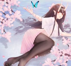Rule 34 | 1girl, absurdres, black pantyhose, blouse, blue butterfly, blunt bangs, breasts, brown hair, bug, butterfly, cherry blossoms, highres, horns, insect, large breasts, long hair, looking at viewer, lying on water, no shoes, oni horns, original, pantyhose, pink skirt, pleated skirt, red eyes, see-through, see-through shirt, shiiyou, shirt, skirt, soles, solo, t-shirt, toes, water, wet, wet clothes, wet shirt, white shirt