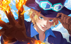 Rule 34 | 1boy, adjusting clothes, adjusting headwear, black hat, black jacket, blonde hair, blue eyes, blue shirt, brown gloves, burn scar, cloud, cloudy sky, collared shirt, colored eyelashes, commentary request, day, eyelashes, fire, flaming hand, gloves, goggles, goggles on headwear, hands up, hat, jacket, long sleeves, looking at viewer, male focus, moroi, one piece, open mouth, outdoors, outstretched hand, partial commentary, sabo (one piece), scar, scar on face, shirt, short hair, sidelocks, signature, sky, smile, solo, teeth, tongue, tongue out, top hat, upper body