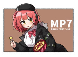 Rule 34 | 1girl, ahoge, beret, black border, black coat, black hat, blush, border, bow, bowtie, breasts, brown background, candy, character name, coat, collared shirt, commentary, copyright name, english commentary, food, girls&#039; frontline, hair bobbles, hair ornament, hat, headphones, holding, holding candy, holding food, holding lollipop, junsuina fujunbutsu, lollipop, long sleeves, medium breasts, mp7 (girls&#039; frontline), off shoulder, one side up, open mouth, pink bow, pink bowtie, pink hair, shirt, short hair, solo, upper body, white shirt, yellow eyes