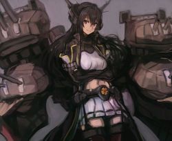 1girl absurdres black_gloves black_hair breasts cape closed_mouth crossed_arms gloves grey_background hair_between_eyes headgear highres huge_filesize kantai_collection long_hair medium_breasts moor nagato_(kancolle) nagato_kai_ni_(kancolle) navel pleated_skirt red_eyes rigging simple_background skirt solo thighhighs white_skirt