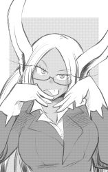 Rule 34 | 1girl, animal ears, bespectacled, boku no hero academia, breasts, business suit, closed mouth, collared shirt, commentary request, dark-skinned female, dark skin, formal, glasses, gloves, greyscale, half-closed eyes, highres, large breasts, long hair, looking at viewer, mirko, monochrome, nstime23, office lady, parted bangs, rabbit ears, rabbit girl, shirt, solo, suit, tongue, tongue out, upper body