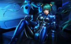 Rule 34 | 1girl, absurdres, aqua hair, bell, black bodysuit, blue eyes, blush, bodysuit, breasts, cockpit, covered erect nipples, cui yifei, eyelashes, fortified suit, hair bell, hair between eyes, hair ornament, highres, impossible bodysuit, impossible clothes, lips, long hair, looking at viewer, medium breasts, muv-luv, muv-luv alternative, muv-luv total eclipse, parted lips, pilot suit, rena illusion, shiny clothes, shiny skin, smile, solo, spread legs, twintails, two side up, very long hair