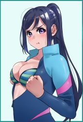 Rule 34 | 1girl, :t, blue background, blush, bodysuit, border, embarrassed, from side, green border, high ponytail, highres, igarashi kyouhei, long hair, looking at viewer, looking to the side, love live!, love live! sunshine!!, matsuura kanan, open bodysuit, open clothes, ponytail, purple eyes, purple hair, simple background, solo, upper body
