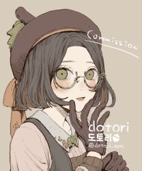 Rule 34 | 1girl, beret, black hair, blush, bob cut, brown gloves, brown hair, brown hat, collared shirt, colored inner hair, commentary request, commission, commissioner name, eyelashes, glasses, gloves, green eyes, hat, hat ornament, highres, karasane03, korean text, leaf, leaf hat ornament, light brown background, long sleeves, looking at viewer, mori girl, multicolored hair, orange ribbon, original, parted lips, pink shirt, ribbon, round eyewear, semi-rimless eyewear, shirt, short hair, simple background, solo, two-tone hair, under-rim eyewear, upper body