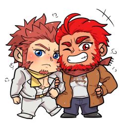 Rule 34 | 2boys, alternate costume, atis (barareiner), bara, beard, belt, blue eyes, blush, brown belt, brown coat, brown hair, chibi, coat, commission, couple, cross scar, denim, facial hair, fate/grand order, fate (series), formal, full body, goatee, heads together, iskandar (fate), jacket, jeans, ladies &amp; gentlemen (fate/grand order), locked arms, long sideburns, male focus, mature male, multiple boys, muscular, muscular male, napoleon bonaparte (fate), one eye closed, pants, pectoral cleavage, pectorals, red eyes, red hair, red scarf, scar, scar on chest, scarf, second-party source, shirt, short hair, sideburns, smile, suit, t-shirt, white background, white jacket, white shirt, yaoi, yellow scarf