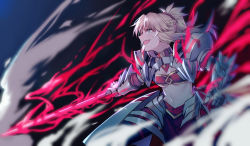Rule 34 | 1girl, absurdres, armor, aura, bandaid, bandeau, blonde hair, blue eyes, braid, breasts, dutch angle, fang, fate/grand order, fate (series), gauntlets, hair ornament, hair scrunchie, highres, holding, holding sword, holding weapon, looking away, mordred (fate), mordred (fate/apocrypha), navel, open mouth, outstretched arm, ponytail, profile, red bandeau, red scrunchie, red skirt, scrunchie, sidelocks, skirt, small breasts, solo, sword, wallpaper, weapon, yorukun