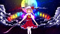 Rule 34 | 1girl, bad id, bad pixiv id, blonde hair, cloud, colorful, dress, female focus, flandre scarlet, full moon, glowing, glowing wings, hat, highres, laevatein, looking at viewer, moon, night, red eyes, side ponytail, smile, solo, thighhighs, touhou, white thighhighs, wings, yonaga (masa07240)