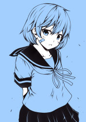 Rule 34 | 10s, 1girl, arms behind back, bandaid, bandaid on face, blue background, blue theme, blush, fang, kantai collection, kouji (campus life), looking at viewer, monochrome, oboro (kancolle), open mouth, pleated skirt, school uniform, serafuku, short hair, short sleeves, simple background, sketch, skirt, solo