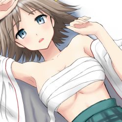 Rule 34 | 10s, 1girl, armpits, arms up, bad id, bad pixiv id, bare shoulders, blue eyes, breasts, brown hair, collarbone, detached sleeves, hairband, headgear, hiei (kancolle), kantai collection, kocha0224, looking at viewer, lying, on back, open mouth, personification, sarashi, short hair, solo, wide sleeves