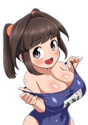 Rule 34 | 1girl, :d, absurdres, bare shoulders, blue one-piece swimsuit, blush, breasts, brown eyes, brown hair, cleavage, eo masaka, from above, hair ornament, highres, large breasts, looking at viewer, name tag, navel, one-piece swimsuit, open mouth, oppai loli, school swimsuit, shiny skin, simple background, smile, standing, strap slip, swimsuit, thick eyebrows, white background