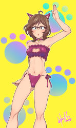 Rule 34 | 10s, 1girl, :o, ahoge, animal ears, bare shoulders, bell, blush, breasts, brown eyes, brown hair, cat ears, cat lingerie, cleavage, cleavage cutout, clothing cutout, collar, collarbone, commentary request, dagashi kashi, glasses, hand up, highres, hori shin, looking at viewer, meme attire, messy hair, navel, neck bell, open mouth, over-rim eyewear, owari hajime, panties, paw print, paw print pattern, semi-rimless eyewear, short hair, side-tie panties, signature, solo, underwear