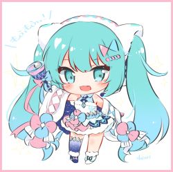 Rule 34 | 1girl, aqua eyes, aqua hair, bare shoulders, bell, blue thighhighs, blush, boots, chibi, detached sleeves, dress, fang, full body, fur-trimmed boots, fur-trimmed dress, fur-trimmed sleeves, fur trim, hairband, hatsune miku, highres, holding, holding bell, long hair, looking at viewer, magical mirai (vocaloid), magical mirai miku, magical mirai miku (2020 winter), open mouth, single thighhigh, skin fang, smile, solo, standing, thighhighs, translated, twintails, very long hair, vocaloid, white background, white dress, wide sleeves, yukine
