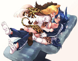Rule 34 | 10s, 2girls, animal ears, animal print, ass, bad id, bad pixiv id, blonde hair, blue hair, boots, breast press, breasts, brown eyes, brown hair, clothes grab, commentary request, eye contact, giraffe ears, giraffe horns, giraffe print, gloves, grabbing, green eyes, grey wolf (kemono friends), hair over one eye, highres, hori (hori no su), horns, jacket, kemono friends, kneeling, large breasts, long hair, long sleeves, looking at another, multicolored hair, multiple girls, nipples, open clothes, open jacket, open mouth, open shirt, panties, pants, pantyhose, parted lips, print legwear, print neckwear, print skirt, reticulated giraffe (kemono friends), saliva, saliva trail, scarf, shirt, short sleeves, sitting, skirt, smile, tail, tearing clothes, tongue, tongue out, torn clothes, torn legwear, track jacket, track pants, track suit, two-tone hair, underwear, white gloves, white hair, white panties, white shirt, wolf ears, wolf tail, yuri