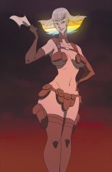 Rule 34 | 10s, 1girl, alternate universe, bad anatomy, belt, black gloves, black thighhighs, breasts, detached collar, elbow gloves, flag, gloves, good end, hand on own hip, highres, holster, kill la kill, kiryuuin ragyou, large breasts, md5 mismatch, mature female, multicolored hair, navel, nudist beach uniform, out of character, rainbow hair, red eyes, short hair, shoulder holster, silver hair, slb, solo, thighhighs, underboob, utility belt, white flag