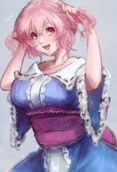 Rule 34 | 1girl, alternate hairstyle, arms up, blue dress, blush, breasts, bunching hair, dress, female focus, flying sweatdrops, highres, holding, holding hair, hoshibuchi, japanese clothes, large breasts, long sleeves, looking at viewer, no headwear, no headwear, obi, off shoulder, open mouth, pink eyes, pink hair, saigyouji yuyuko, sash, short hair, simple background, smile, solo, touhou, twintails, wide sleeves