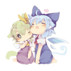 Rule 34 | 2girls, animal ears, ascot, bad id, bad pixiv id, barefoot, blue dress, blue hair, blush, bow, cat ears, cat tail, cheek-to-cheek, chibi, cirno, closed eyes, daiyousei, dog ears, dog tail, dress, fairy wings, fang, green eyes, green hair, hair bow, heads together, heart, ice, ice wings, kemonomimi mode, masirosu, multiple girls, one eye closed, open mouth, puffy sleeves, shirt, short sleeves, simple background, sitting, skirt, skirt set, tail, touhou, v arms, vest, wariza, white background, wings, wink, yuri