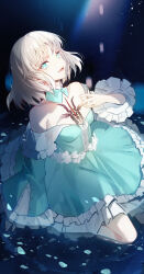 Rule 34 | 1girl, absurdres, bare shoulders, black dress, blonde hair, blue eyes, blurry, depth of field, detached collar, dress, fate/prototype, fate/prototype: fragments of blue and silver, fate (series), frilled dress, frilled sleeves, frills, hand on own chest, highres, k7 (kk7 000), looking at viewer, lower teeth only, medium hair, open mouth, sajou manaka, smile, teeth