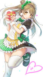 Rule 34 | 1girl, ankle bow, ankle ribbon, apron, black footwear, blush, bow, bowtie, box, brown eyes, brown hair, commentary request, dress, earrings, green bow, green bowtie, hair bow, heart, heart-shaped box, highres, holding, holding box, jewelry, kotori asobu, leg ribbon, long hair, looking at viewer, love live!, love live! school idol project, maid, maid headdress, mary janes, minami kotori, mogyutto &quot;love&quot; de sekkin chuu!, one side up, pom pom (clothes), pom pom earrings, ribbon, shoes, short dress, short sleeves, smile, solo, standing, standing on one leg, striped, striped bow, thighhighs, valentine, white background, white thighhighs, yellow eyes