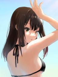 Rule 34 | 1girl, arm at side, arm up, bare arms, bikini, black bikini, black hair, blue sky, breasts, day, eyelashes, from behind, green eyes, halterneck, highres, idolmaster, idolmaster cinderella girls, k concord, lips, long hair, looking at viewer, looking back, medium breasts, outdoors, parted lips, shibuya rin, sky, solo, straight hair, swimsuit, upper body