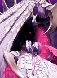 Rule 34 | 1girl, blood, blood on hands, blood sucking, bright pupils, dragon, gradient background, hair over eyes, highres, looking at viewer, malzeno (monster hunter), monster hunter (series), nemaki (nemaki87456), pink eyes, spikes, structure, western dragon, white wings, wings