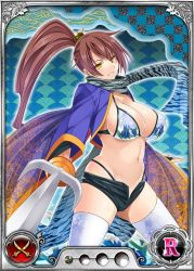 Rule 34 | 1girl, bikini, bikini top only, breasts, brown hair, cape, card (medium), dmm, female focus, fingerless gloves, gloves, jacket, large breasts, legs, long hair, looking at viewer, navel, nobunaga wa ore no yome. hime bushou 1000-ningiri, official art, ponytail, scarf, short shorts, shorts, simple background, smile, solo, swimsuit, sword, thighs, thong, trading card, unbuttoned, unzipped, weapon, white legwear, yellow eyes