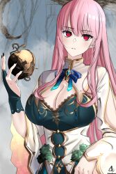 Rule 34 | 1girl, apple, breasts, ceres fauna, ceres fauna (1st costume), chu-e, cleavage, cleavage cutout, clothing cutout, dress, floating, floating object, food, fruit, gloves, highres, hololive, hololive english, large breasts, long hair, long sleeves, looking at viewer, mori calliope, outdoors, partially fingerless gloves, pink eyes, pink hair, solo, tree, upper body, virtual youtuber, white dress