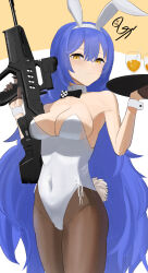 Rule 34 | 1girl, absurdres, animal ears, assault rifle, bare shoulders, black bow, black bowtie, blue hair, bow, bowtie, breasts, brown background, brown gloves, brown pantyhose, bullpup, closed mouth, collar, commentary, covered navel, detached collar, girls&#039; frontline, gloves, gun, hair between eyes, hairband, half gloves, highres, holding, holding gun, holding tray, holding weapon, iwi tavor, koucha kouden, leotard, long hair, medium breasts, pantyhose, playboy bunny, rabbit ears, rabbit tail, rifle, signature, smile, solo, strapless, strapless leotard, tail, tar-21 (girls&#039; frontline), tray, trigger discipline, two-tone background, very long hair, weapon, white background, white collar, white hairband, white leotard, wing collar, wrist cuffs, yellow eyes