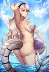 Rule 34 | 1girl, absurdres, arm up, ass, beach, bikini, bikini top only, blonde hair, bottomless, breasts, cleavage, corrin (female) (fire emblem), corrin (fire emblem), dragon tail, evomanaphy, fire emblem, fire emblem cipher, fire emblem fates, grey hair, hairband, highres, long hair, looking at viewer, looking back, medium breasts, nintendo, official alternate costume, partially submerged, shell, shell bikini, slit pupils, smile, solo, swimsuit, tail, very long hair, water