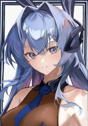 Rule 34 | 1girl, absurdres, az&#039;ruler, azur lane, bare shoulders, blue border, blue eyes, blue hair, blue necktie, blue ribbon, border, breasts, cleavage, collarbone, hair intakes, hair ribbon, head tilt, highres, large breasts, looking at viewer, necktie, new jersey (azur lane), new jersey (exhilarating steps!) (azur lane), official alternate costume, outside border, parted lips, ribbon, see-through, see-through cleavage, smile, white background