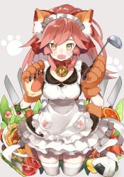Rule 34 | 10s, 1girl, :d, animal ear fluff, animal ears, animal hands, apron, bad id, bad pixiv id, bell, black dress, blush, breasts, brown eyes, collar, commentary request, dress, fangs, fate/extra, fate/grand order, fate (series), food, food art, fox ears, fox girl, fox tail, gloves, grey background, hair between eyes, hands up, hasegawa (rarairairai), highres, holding, jingle bell, kitchen knife, ladle, lettuce, long hair, looking at viewer, maid apron, medium breasts, onigiri, open mouth, paw gloves, pink hair, ponytail, puffy short sleeves, puffy sleeves, red collar, short sleeves, simple background, smile, solo, tail, tako-san wiener, tamamo (fate), tamamo cat (fate), tamamo cat (second ascension) (fate), thighhighs, tomato, white apron, white thighhighs