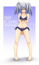 Rule 34 | 10s, 1girl, arms behind back, artist request, barefoot, bikini, black bikini, blue background, blush, breasts, character name, check artist, collarbone, copyright name, dot nose, female focus, fingers together, framed, frilled bikini, frills, gradient background, grey hair, hair between eyes, heterochromia, highres, infinite stratos, laura bodewig, looking at viewer, mao9721, mao (6r), midriff, multicolored bikini, multicolored clothes, multicolored swimsuit, navel, no eyepatch, pigeon-toed, red eyes, side-tie bikini bottom, simple background, solo, standing, swimsuit, toes, twintails, yellow eyes