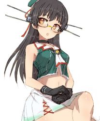 Rule 34 | 1girl, alchera, beret, black choker, black gloves, black hair, choker, choukai (kancolle), choukai kai ni (kancolle), glasses, gloves, hair ornament, hat, kantai collection, long hair, looking to the side, midriff, pleated skirt, red eyes, rimless eyewear, simple background, sitting, skirt, sleeveless, solo, white background, white skirt