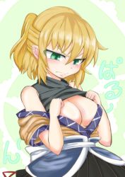 Rule 34 | 1girl, blonde hair, blush, breasts, cleavage, clothes lift, eyes visible through hair, fang, fang out, green background, green eyes, highres, jealous, kokoperiiche, large breasts, mizuhashi parsee, nukoimo, paru paru, pointy ears, ponytail, robe, shirt, shirt lift, skirt, sleeveless, sleeveless shirt, solo, touhou, tsurime, undershirt