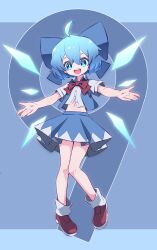 Rule 34 | 1girl, absurdres, ahoge, blue bow, blue eyes, blue hair, blue skirt, blue vest, bow, cirno, collared shirt, detached wings, fairy, full body, hair between eyes, hair bow, highres, ice, ice wings, mr.turtle head, one-hour drawing challenge, open clothes, open mouth, open vest, pleated skirt, red footwear, shirt, shoes, short hair, skirt, smile, solo, teeth, touhou, upper teeth only, vest, white shirt, wings