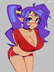 Rule 34 | 1girl, absurdres, arms behind back, blue eyes, blush, breasts, cleavage, dark-skinned female, dark skin, highres, large breasts, leaning forward, long hair, looking at viewer, navel, nezulet, pointy ears, purple hair, shantae, shantae (series), smile, solo, standing, thick thighs, thighs, third-party edit, twintails