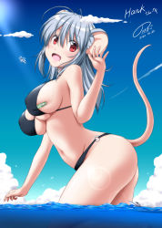 Rule 34 | 1girl, :d, aircraft, animal ears, ass, bikini, black bikini, blue sky, boat, borrowed character, breasts, cloud, commentary request, commission, covered erect nipples, dated, day, giant, giantess, grey hair, hair between eyes, hand up, helicopter, highres, large breasts, leaning forward, long hair, looking at viewer, mouse ears, mouse girl, mouse tail, navel, nori tamago, o-ring, o-ring bottom, open mouth, original, outdoors, red eyes, signature, sky, smile, solo, sunlight, swimsuit, tail, wading, watercraft