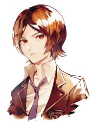 Rule 34 | 1boy, blue necktie, brown eyes, brown hair, brown jacket, closed mouth, collared shirt, cropped torso, highres, jacket, lor (roasyerizyonirapi), male focus, necktie, open clothes, open jacket, parted bangs, persona, persona 2, persona 2 tsumi, school uniform, seven sisters high school uniform, shirt, short hair, solo, suou tatsuya, white shirt, wing collar