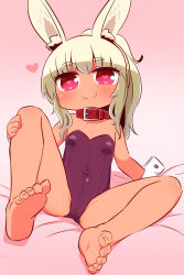 Rule 34 | 1girl, animal ear fluff, animal ears, bare legs, barefoot, bed sheet, blush, breasts, cameltoe, closed mouth, collar, collarbone, covered navel, etrian odyssey, feet, gradient background, heart, heart-shaped pupils, high ponytail, highres, leotard, light brown hair, long hair, looking at viewer, masurao (sekaiju), naga u, pink background, ponytail, purple leotard, rabbit ears, red collar, red eyes, sekaiju no meikyuu, sekaiju no meikyuu 5, sidelocks, small breasts, smile, soles, solo, strapless, strapless leotard, symbol-shaped pupils, tan, toes, wrist cuffs