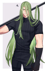 Rule 34 | 1boy, absurdres, achilles (fate), alternate hair length, alternate hairstyle, arm at side, black gloves, black pants, black shirt, border, brown eyes, clenched teeth, elbow gloves, fate/grand order, fate (series), gloves, green hair, grey background, haruakira, highres, holding, holding polearm, holding weapon, long hair, looking at viewer, male focus, mature male, over shoulder, pants, polearm, ribbed shirt, shirt, solo, squiggle, sweatdrop, teeth, thigh strap, very long hair, weapon, weapon over shoulder, white border