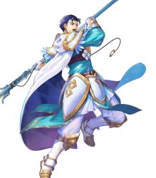 Rule 34 | 1boy, attack, blue cape, blue eyes, blue hair, cape, feather trim, fire emblem, fire emblem: the blazing blade, fire emblem heroes, gloves, hair slicked back, hector (brave warrior) (fire emblem), hector (brave warrior) (resplendent) (fire emblem), hector (fire emblem), highres, holding, holding polearm, holding weapon, motsutsu, nintendo, non-web source, official art, open mouth, pelvic curtain, polearm, solo, v-shaped eyebrows, weapon, white gloves