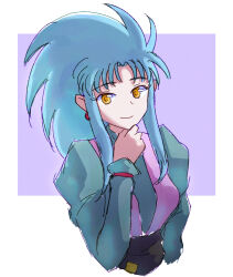 Rule 34 | 1girl, big hair, blue hair, breasts, closed mouth, earrings, hand up, highres, jewelry, juliet sleeves, light blue hair, long hair, long sleeves, looking at viewer, medium breasts, open clothes, open vest, pink vest, puffy sleeves, ryouko (tenchi muyou!), smile, solo, tenchi muyou!, vest, yellow eyes, yellow pupils, zawabug