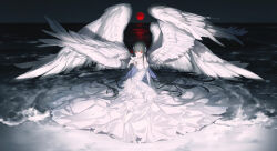 Rule 34 | absurdres, album cover, angel wings, beach, black hair, blue hair, colored inner hair, cover, dress, elbow gloves, full moon, gloves, highres, long hair, looking at viewer, moon, multicolored hair, multiple wings, ocean, original, outstretched hand, partially submerged, red eyes, red moon, tks 10ru, white dress, white theme, wings