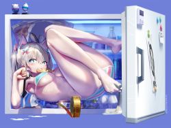 Rule 34 | 1girl, animal ears, aqua bikini, aqua ribbon, armpits, artist name, barefoot, bendy straw, bikini, blue background, blue eyes, blush, breasts, bright pupils, can, carton, commentary, doughnut, drinking straw, egg carton, energy drink, food, food in mouth, gesoking, hair ribbon, highres, holding, in container, in refrigerator, lying, magnet, medium breasts, milk carton, monster energy, mouth hold, multicolored bikini, multicolored clothes, on back, open door, original, pastry box, pink bikini, pink ribbon, pon de ring, refrigerator, refrigerator magnet, ribbon, silver hair, simple background, solo, striped bikini, striped clothes, surstromming, swimsuit, tin can, two-tone bikini, two side up, underboob, white pupils