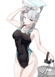 Rule 34 | 1girl, animal ear fluff, animal ears, basket, black one-piece swimsuit, blue archive, blue eyes, breasts, competition swimsuit, covered navel, cross hair ornament, diving mask removed, extra ears, grey hair, hair ornament, halo, highres, looking at viewer, low ponytail, medium breasts, medium hair, mismatched pupils, multicolored clothes, multicolored swimsuit, official alternate costume, one-piece swimsuit, shiroko (blue archive), shiroko (swimsuit) (blue archive), simple background, solo, soon (k mkc4), swimsuit, white background, wolf ears