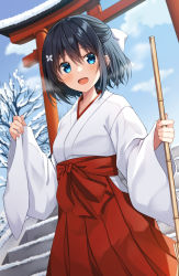 Rule 34 | 1girl, bamboo broom, bare tree, black hair, blue eyes, blue sky, breasts, breath, broom, butterfly hair ornament, cloud, commentary request, day, hair between eyes, hair ornament, hakama, hakama skirt, highres, holding, holding broom, japanese clothes, kimono, komori kuzuyu, long sleeves, looking at viewer, miko, original, outdoors, pinching sleeves, red hakama, rivier (kuzuyu), skirt, sky, sleeves past wrists, small breasts, snow, solo, stairs, stone stairs, torii, tree, white kimono, wide sleeves