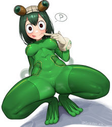 Rule 34 | 1girl, :p, ?, arm behind back, artist name, asui tsuyu, bad id, bad pixiv id, bodysuit, boku no hero academia, breasts, cameltoe, covered collarbone, covered navel, dark green hair, drooling, dutch angle, feet together, finger to mouth, frog girl, gloves, gluteal fold, goggles, goggles on head, green bodysuit, green hair, groin, hand up, heart, heart in eye, highres, knees apart feet together, leaning back, looking at viewer, medium breasts, pussy juice, pussy juice drip through clothes, shiny clothes, simple background, skin tight, smile, solo, speech bubble, spoken question mark, spread legs, squatting, symbol in eye, tongue, tongue out, tungsten (kwfr4544), twitter username, white background, wide-eyed
