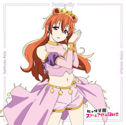 Rule 34 | 1girl, artist name, artist request, bare legs, blush, bracelet, breasts, brown hair, butterfly (love live!), choker, cleavage, clothing cutout, collarbone, cropped shirt, crown, detached sleeves, double bun, dress, dress shirt, earrings, female focus, floating hair, gold bracelet, hair between eyes, hair bun, hair rings, harem outfit, highres, jewelry, konoe kanata, long hair, looking at viewer, love live!, love live! nijigasaki high school idol club, love live! school idol festival, navel, own hands together, parted lips, puffy short sleeves, puffy sleeves, purple eyes, purple ribbon, purple shirt, purple shorts, ribbon, shirt, short sleeves, shorts, shoulder cutout, small breasts, smile, solo, two side up, white background, yellow bracelet, yellow choker