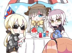 Rule 34 | 4girls, :o, absurdres, ahoge, anastasia (fate), artoria pendragon (all), artoria pendragon (fate), black scrunchie, black shirt, black shorts, blue cloak, blue eyes, blue sky, blush, bottle, bow, brown hair, brown hat, clenched teeth, cloak, closed mouth, cloud, cloudy sky, commentary request, day, eating, fate/apocrypha, fate/grand order, fate/stay night, fate (series), food, food print, fujimaru ritsuka (female), hair between eyes, hair ornament, hair over one eye, hair scrunchie, hat, highres, holding, holding spoon, jako (jakoo21), jeanne d&#039;arc (fate), jeanne d&#039;arc alter (avenger) (fate), jeanne d&#039;arc alter (fate), kooribata, long hair, multiple girls, one side up, outdoors, parasol, parted lips, pineapple print, print shirt, saber alter, scrunchie, shaved ice, shirt, short shorts, short sleeves, shorts, silver hair, sky, spoon, sun hat, sunglasses, sweat, table, teeth, umbrella, v-shaped eyebrows, very long hair, yellow bow, yellow eyes